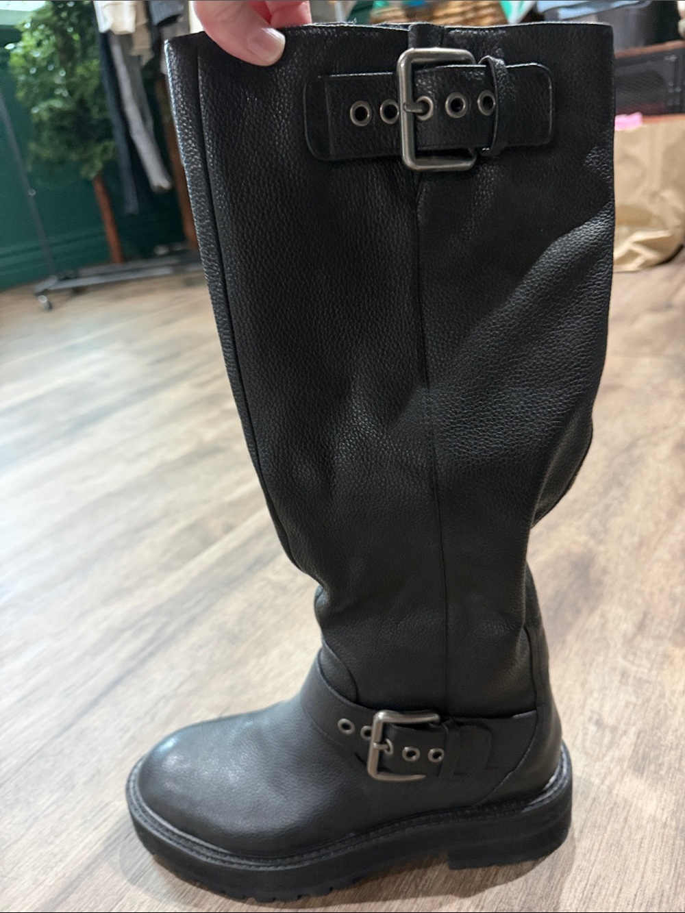 Kurt Geiger Black Leather Mid-Calf Buckle Riding Boots